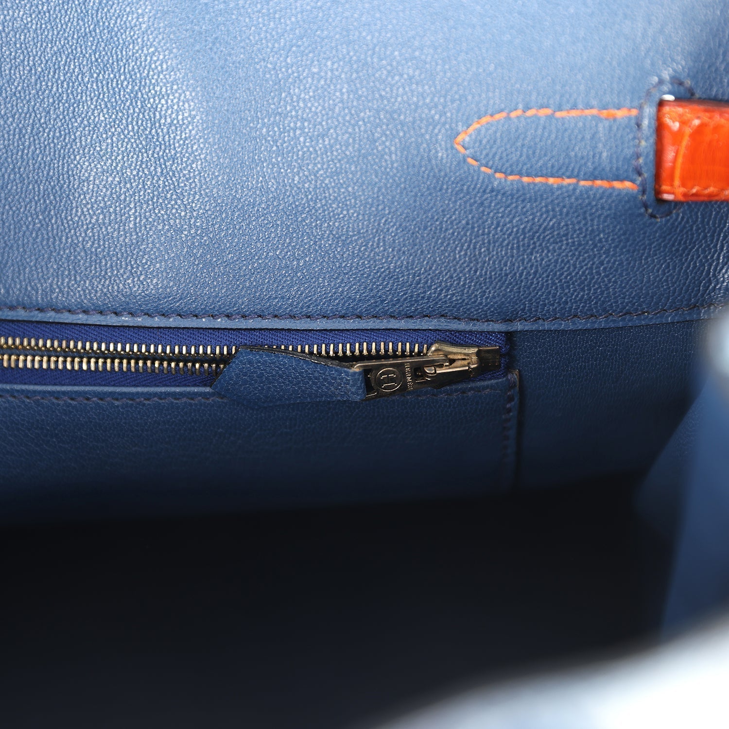 Vintage Hermes Birkin 35 Bleu Roi and Orange Shiny Porosus Crocodile Gold Hardware