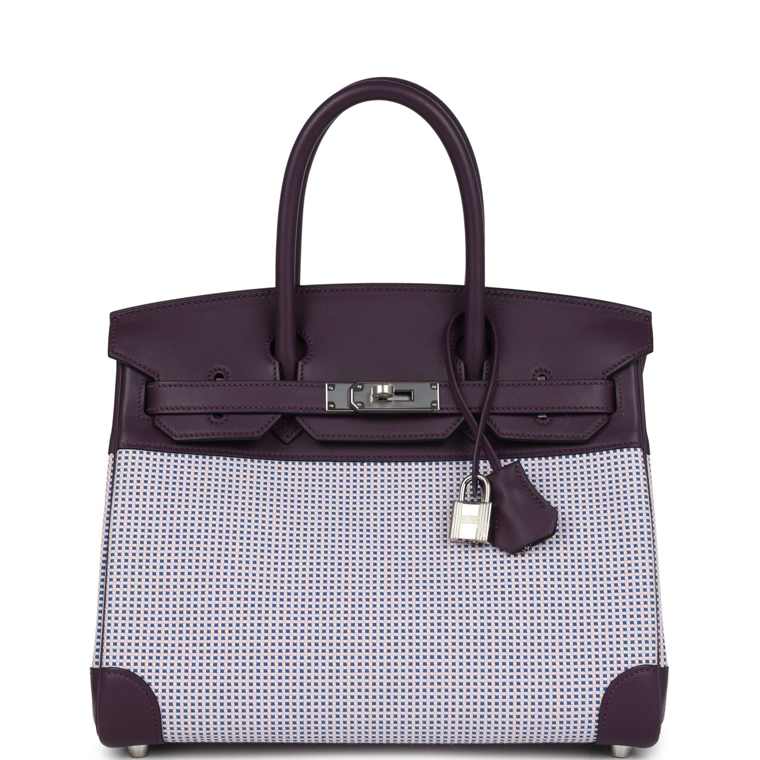 Hermes Quadrille Birkin 30 Cassis Swift, Ecru, Mauve and Bleu Bill Toile Canvas Palladium Hardware
