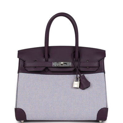 Hermes Quadrille Birkin 30 Cassis Swift, Ecru, Mauve and Bleu Bill Toile Canvas Palladium Hardware