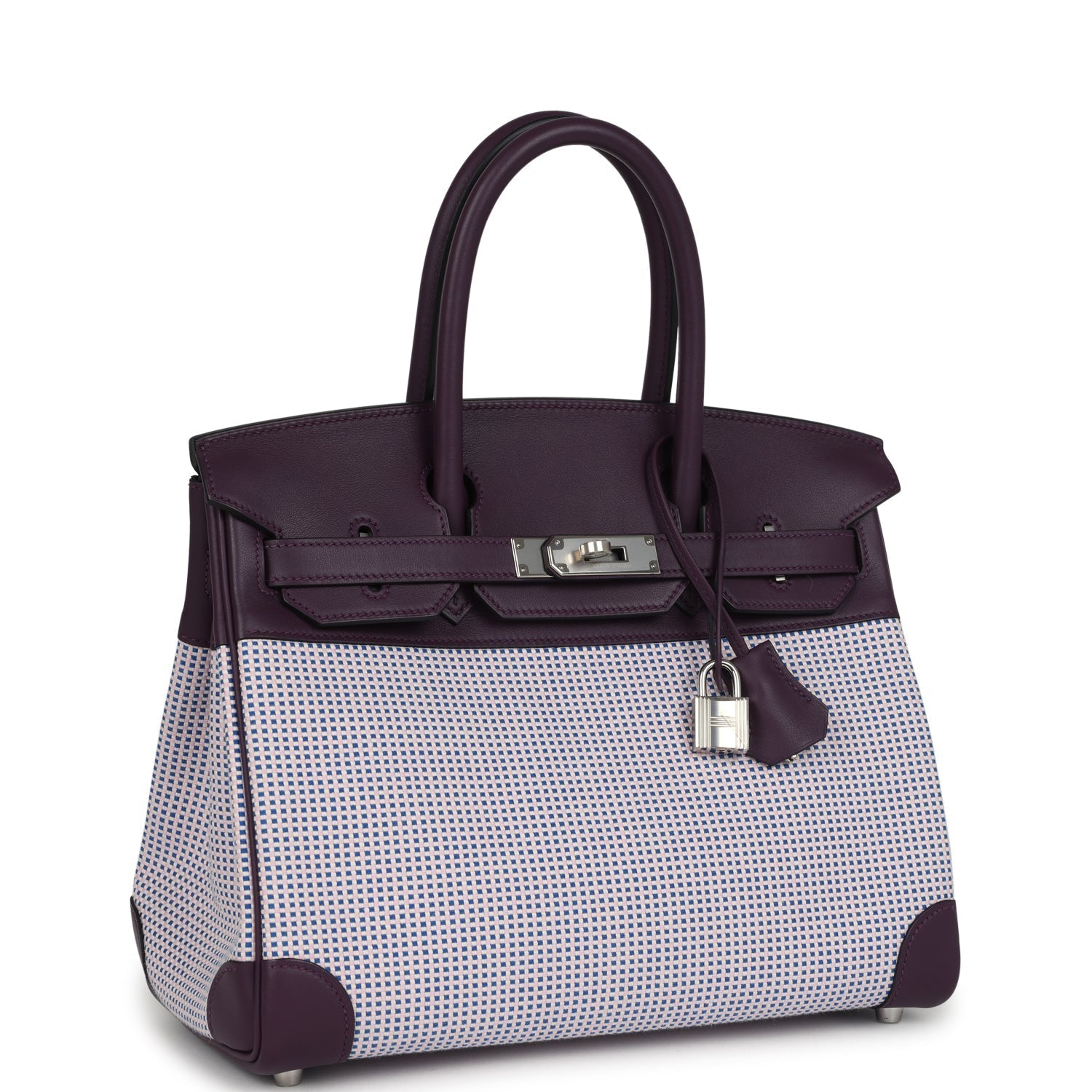 Hermes Quadrille Birkin 30 Cassis Swift, Ecru, Mauve and Bleu Bill Toile Canvas Palladium Hardware
