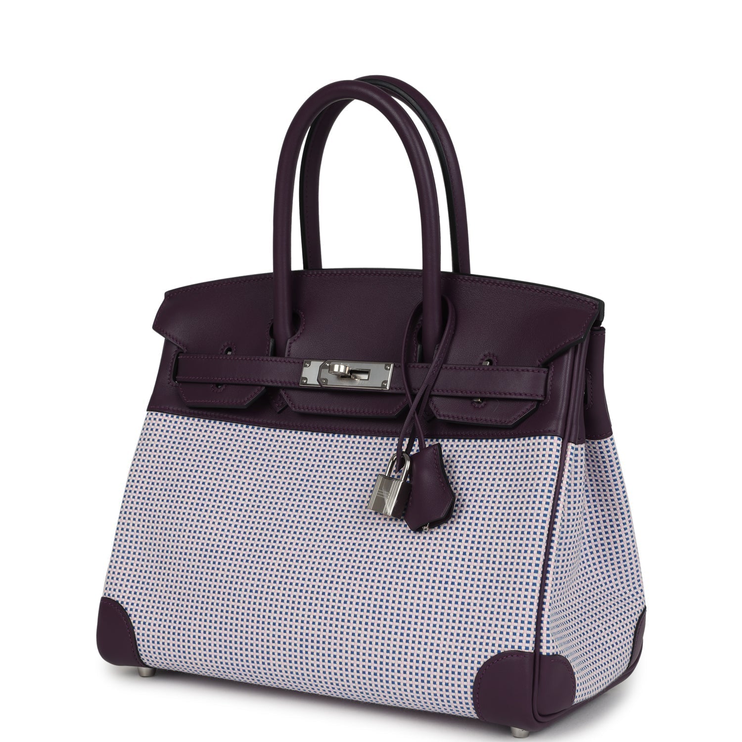 Hermes Quadrille Birkin 30 Cassis Swift, Ecru, Mauve and Bleu Bill Toile Canvas Palladium Hardware