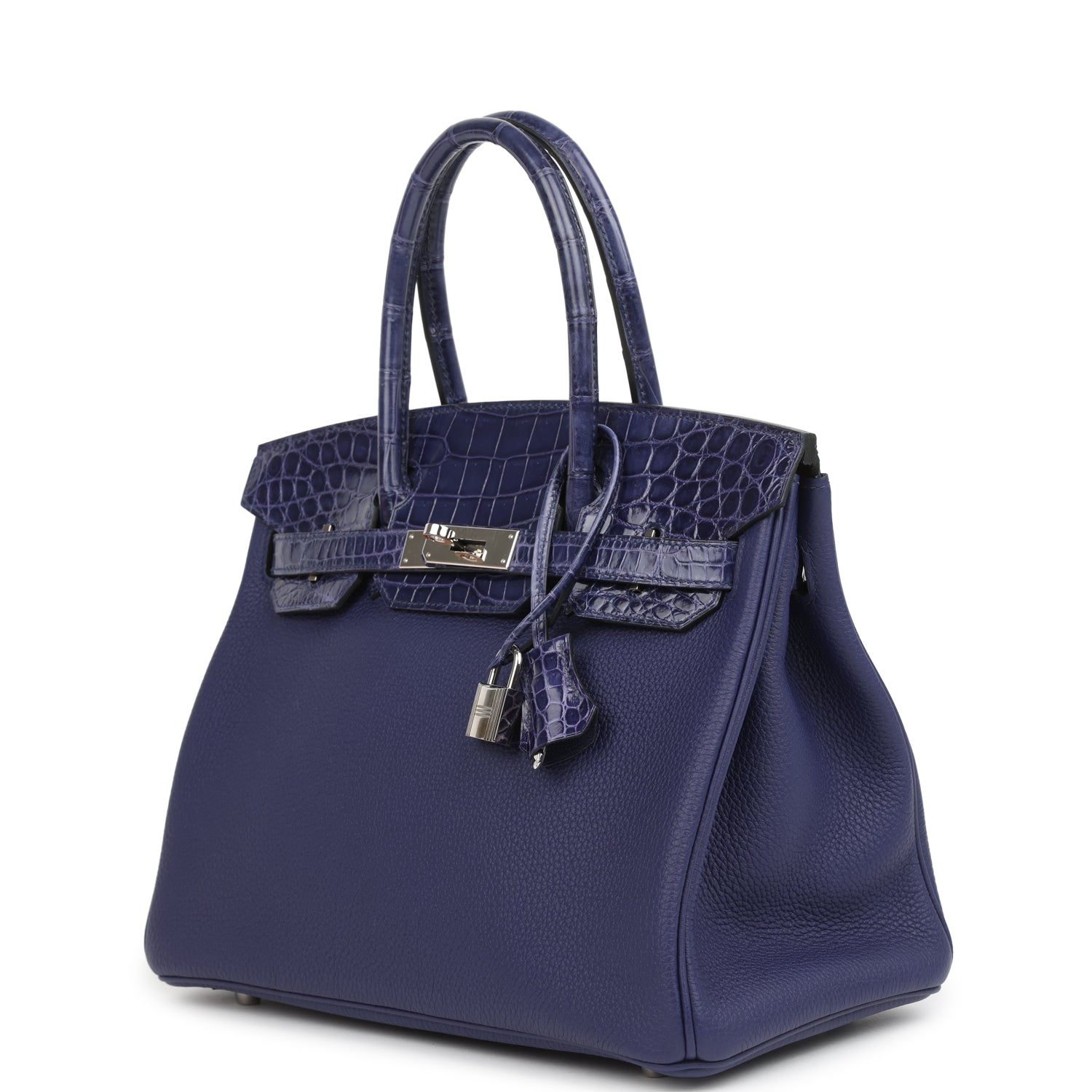 Pre-owned Hermes Birkin 30 Bleu Encre Togo and Shiny Niloticus Crocodile Touch Palladium Hardware