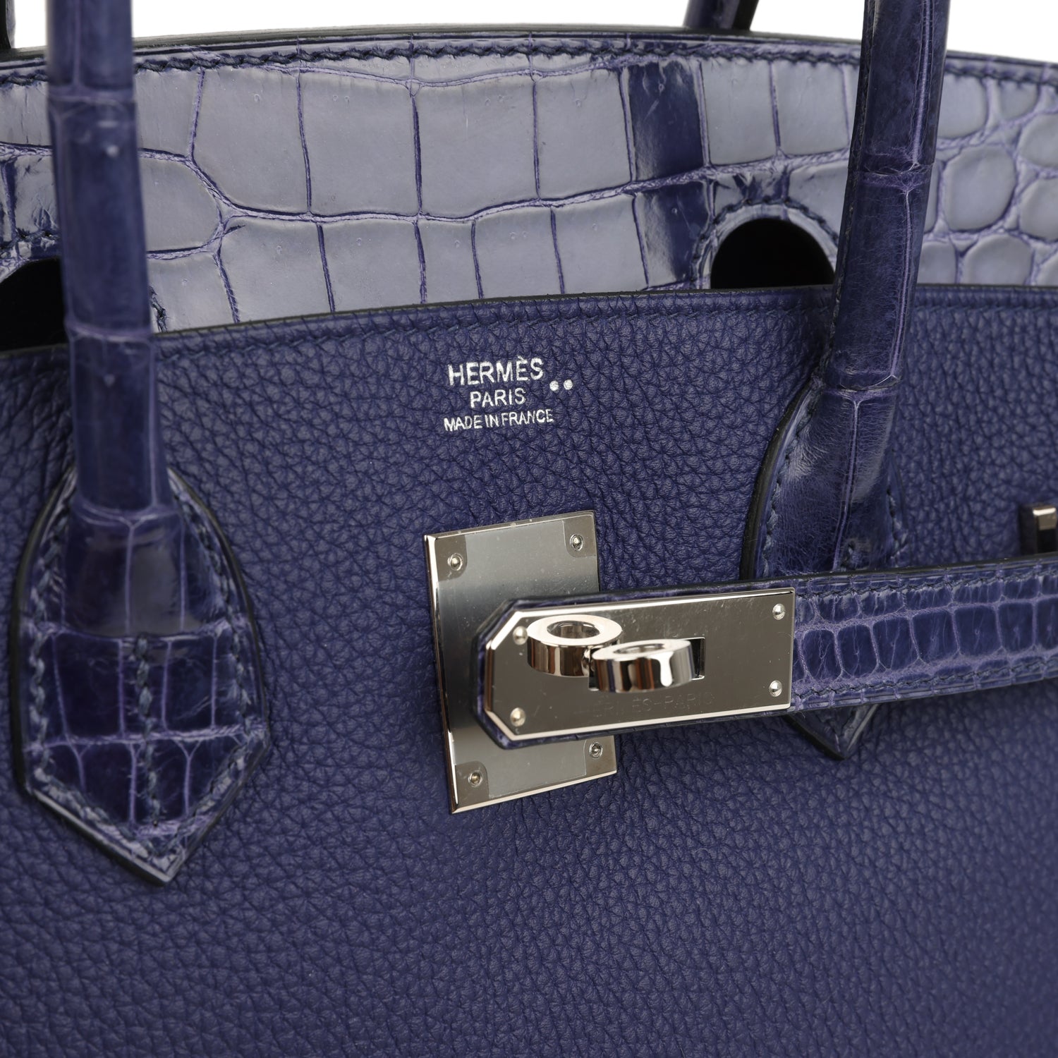 Pre-owned Hermes Birkin 30 Bleu Encre Togo and Shiny Niloticus Crocodile Touch Palladium Hardware