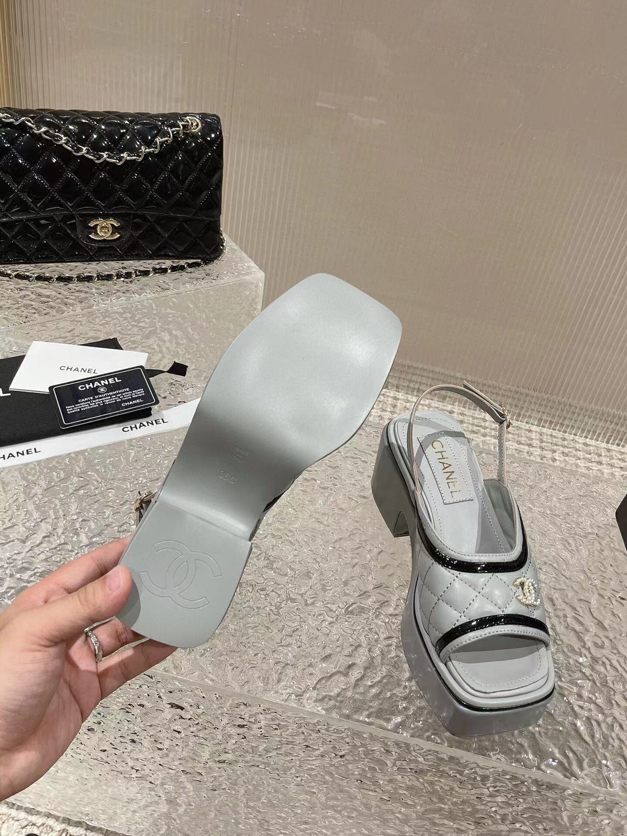 cc platform slingback sandal grey calfskin