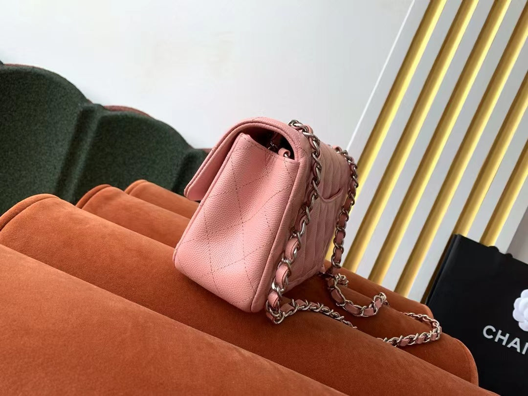 Flap Bag Mini 20cm Pink Caviar Leather Silver Hardware