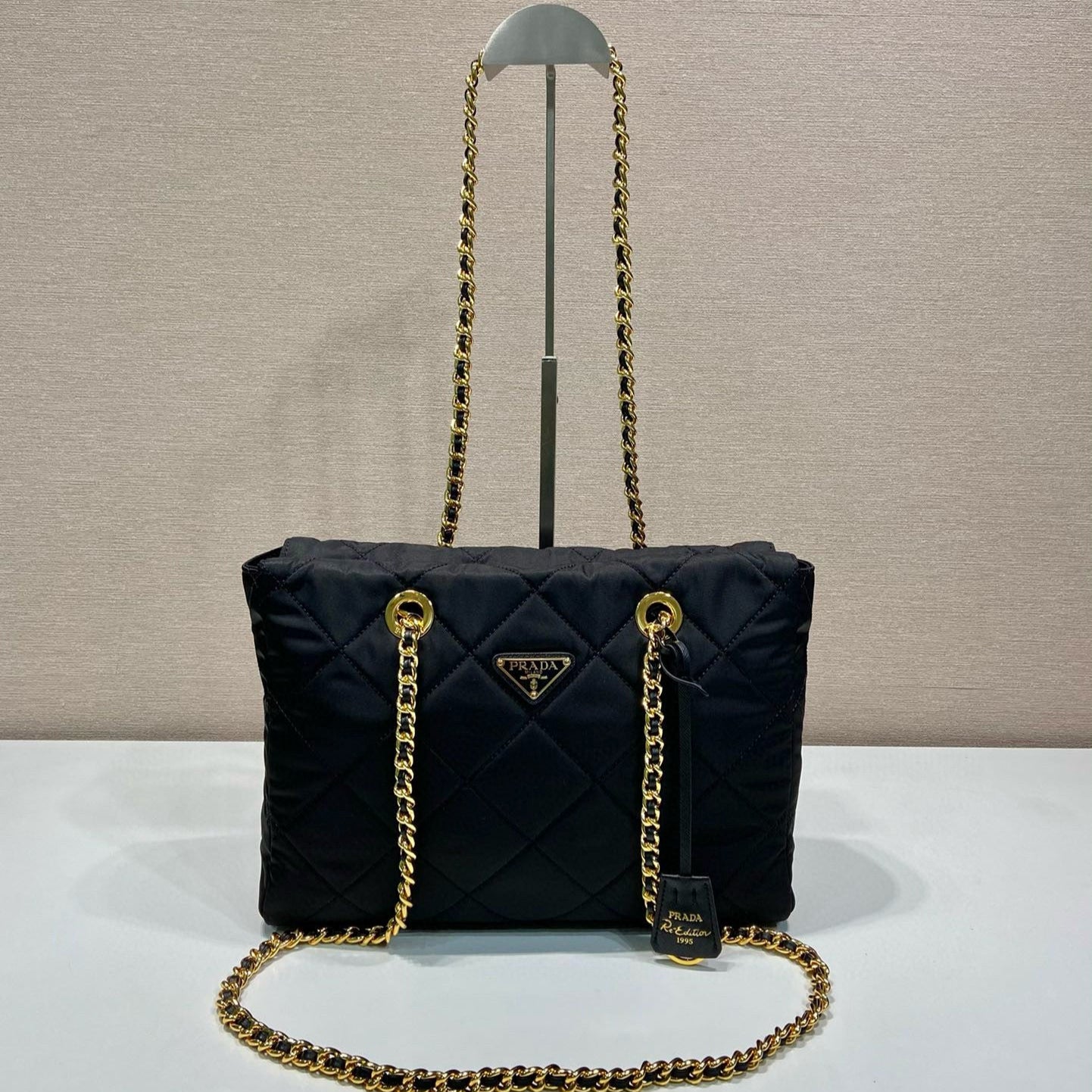 Prada Gold Chain Bag Black Re-Nylon