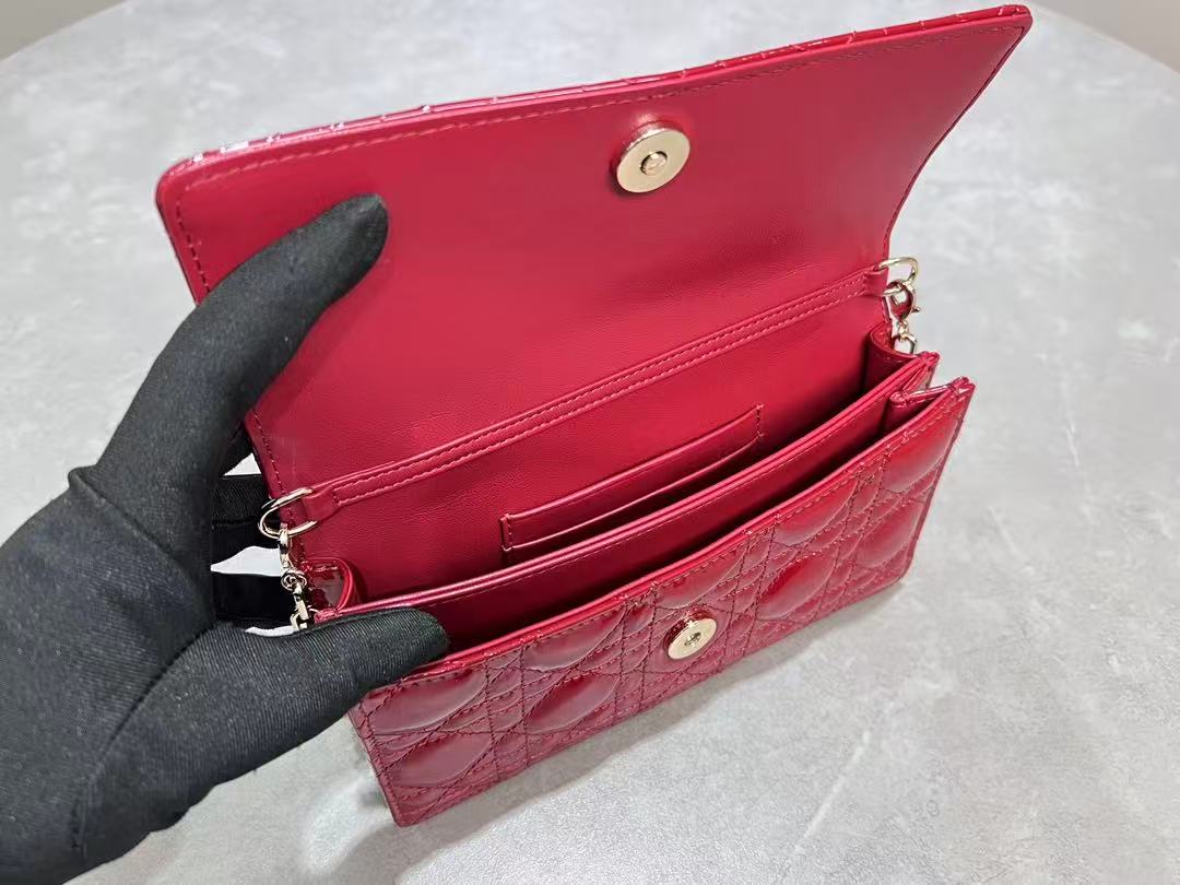 CD Pouch With Chain Cherry Red Patent Cannage Calfskin