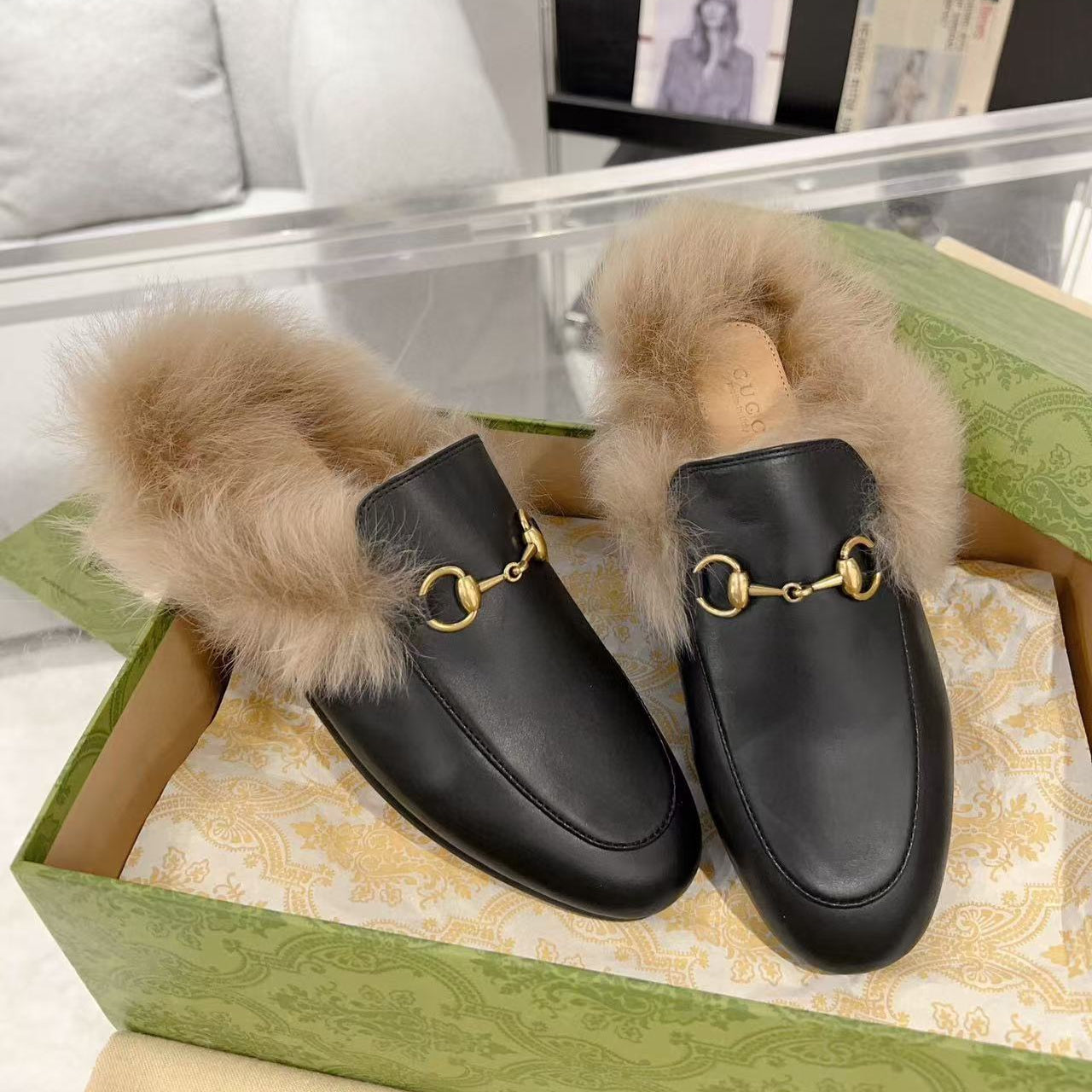 GG Princetown Slipper Black Calfskin Tuscan Wool