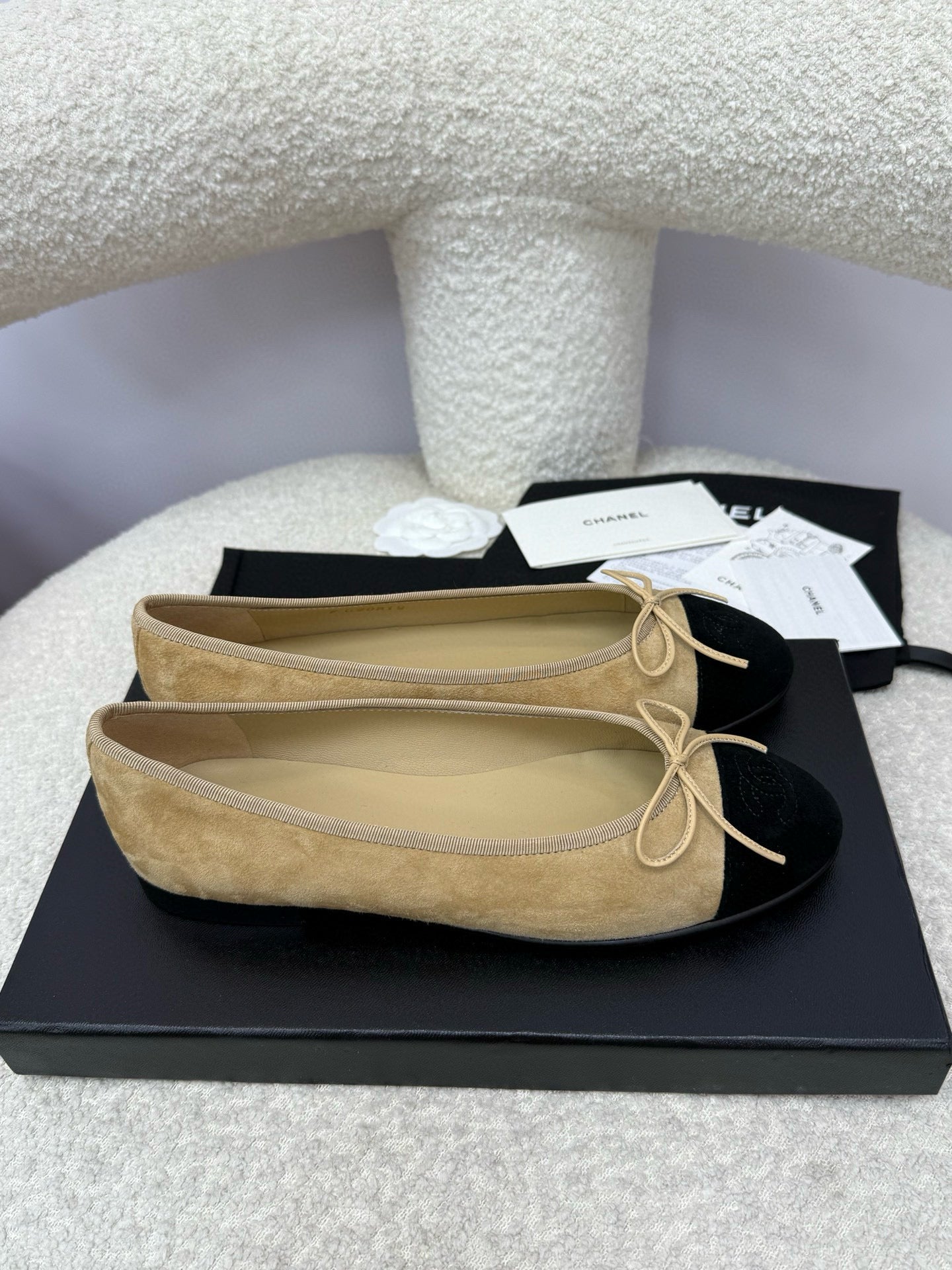 CC 25A Ballet Flat Beige Black Suede