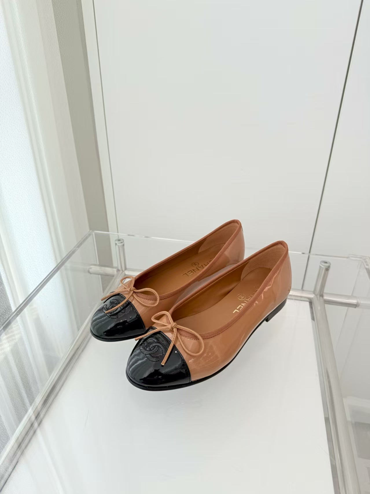 Chanel Ballet Flat Black Brown Patent Leather