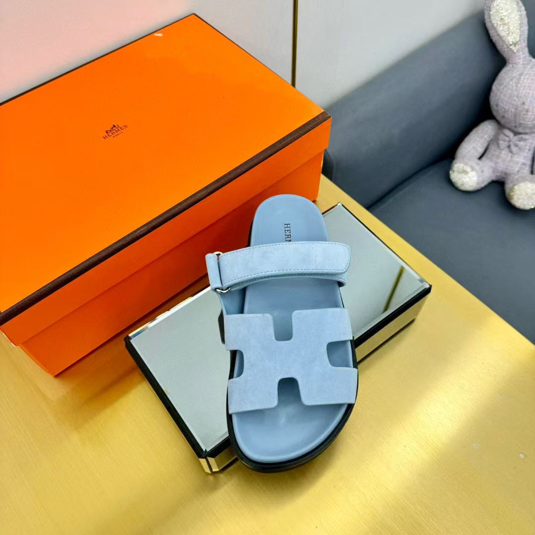 Hermes Chypre Sandal Blue Suede Leather