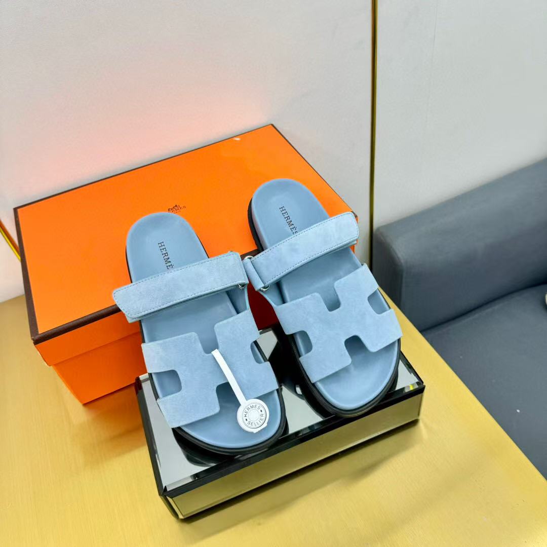 Hermes Chypre Sandal Blue Suede Leather