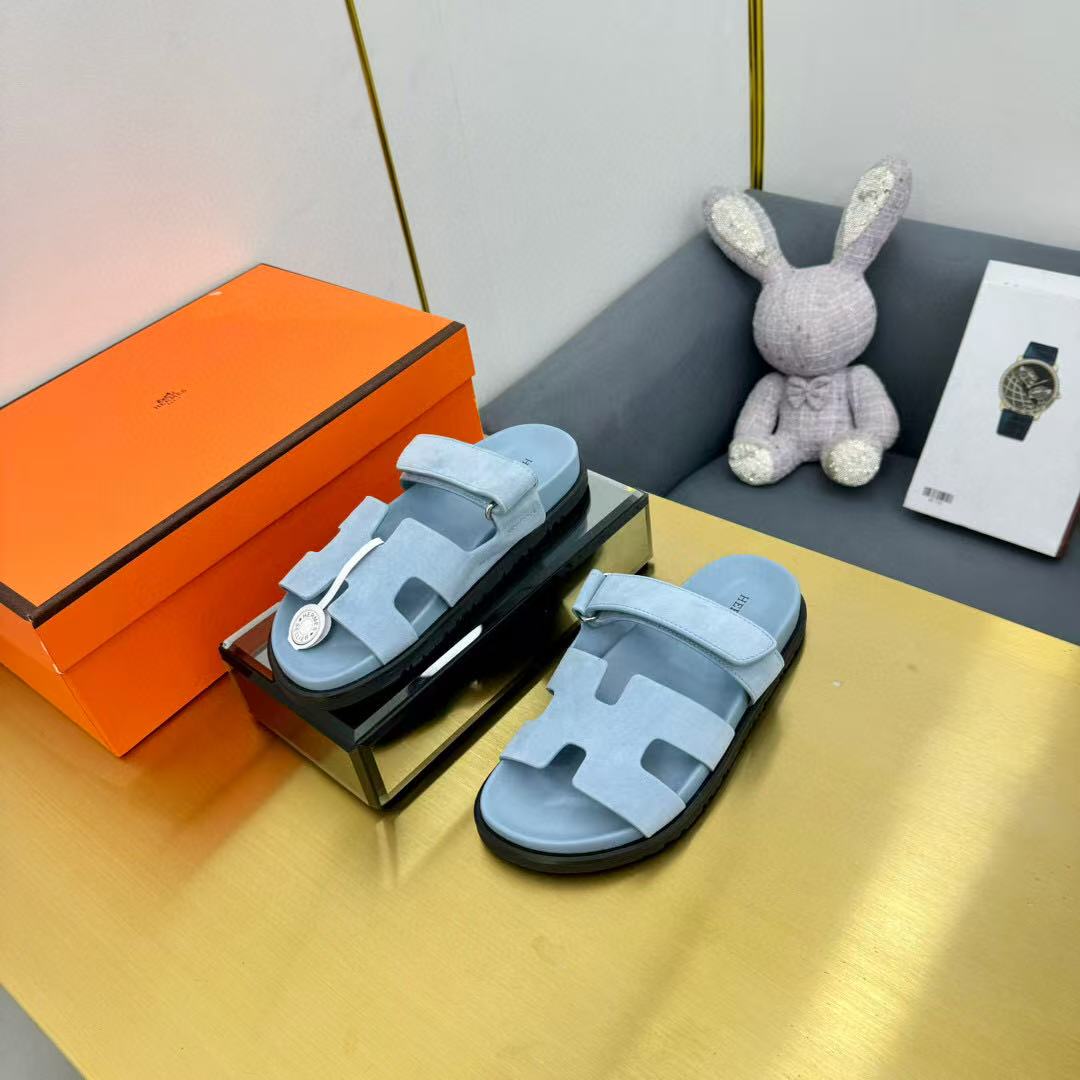 Hermes Chypre Sandal Blue Suede Leather