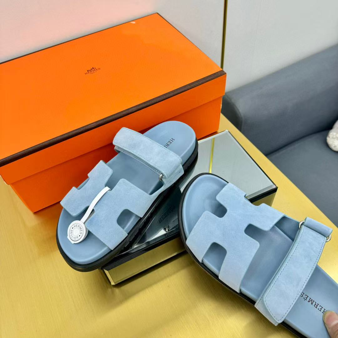 Hermes Chypre Sandal Blue Suede Leather