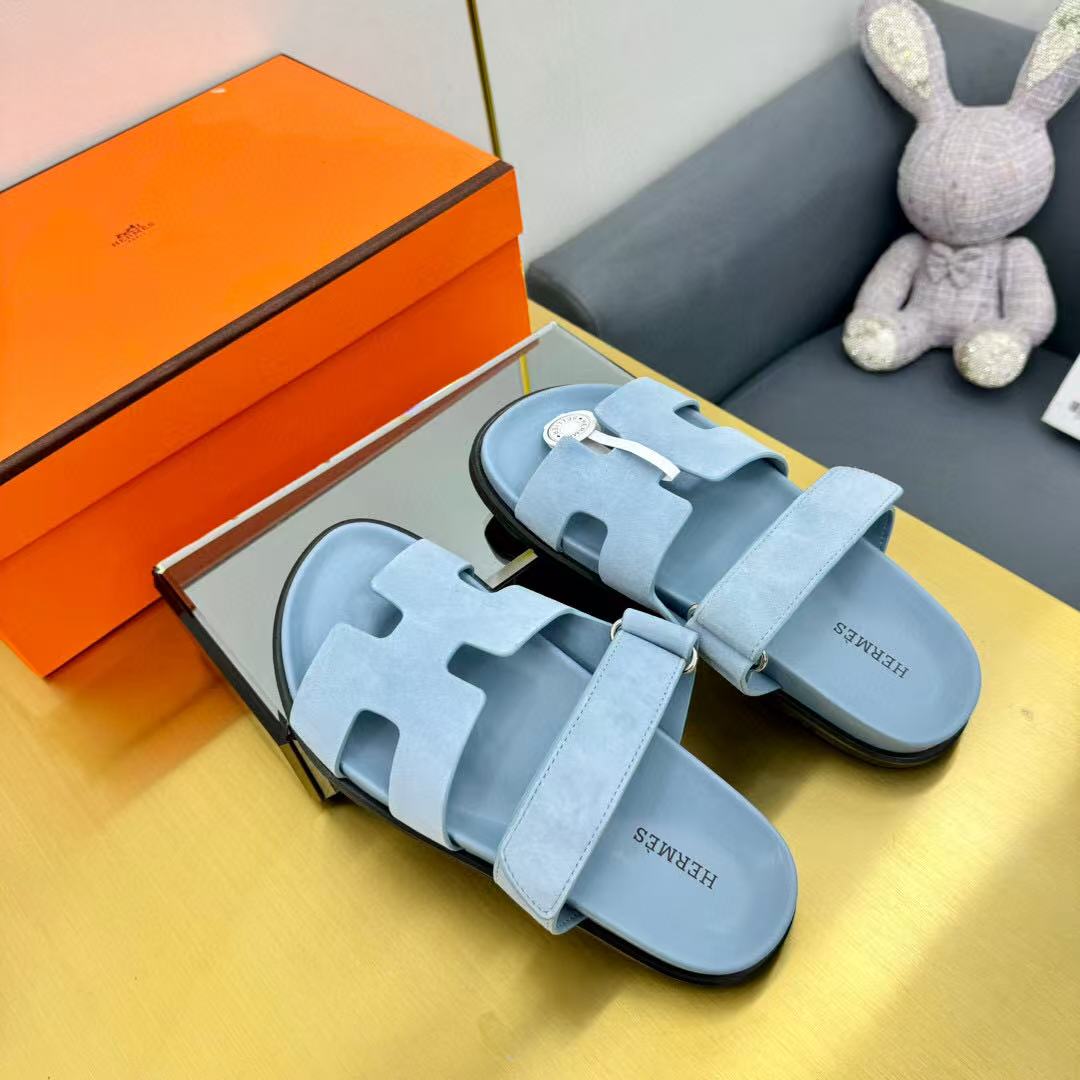 Hermes Chypre Sandal Blue Suede Leather