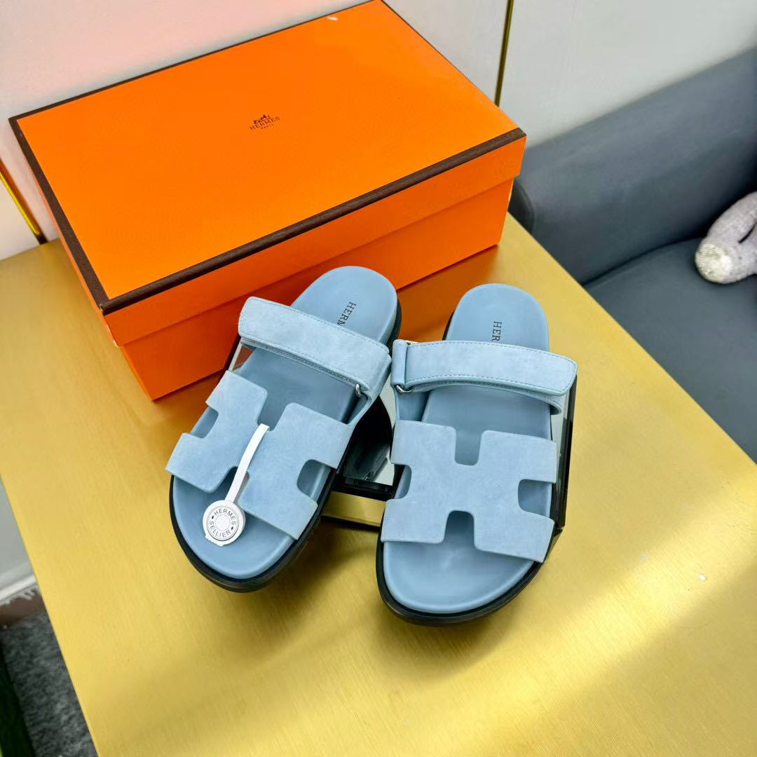 Hermes Chypre Sandal Blue Suede Leather