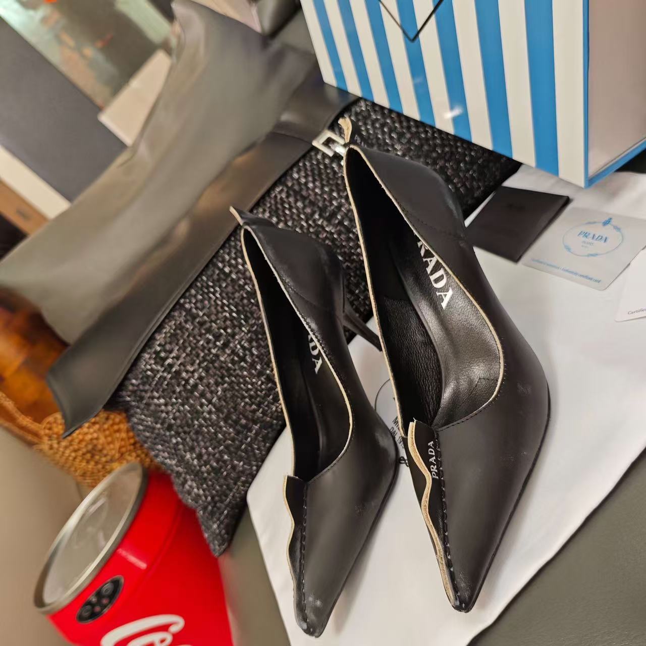 Prada Antiqued Pumps Black Tan calfskin