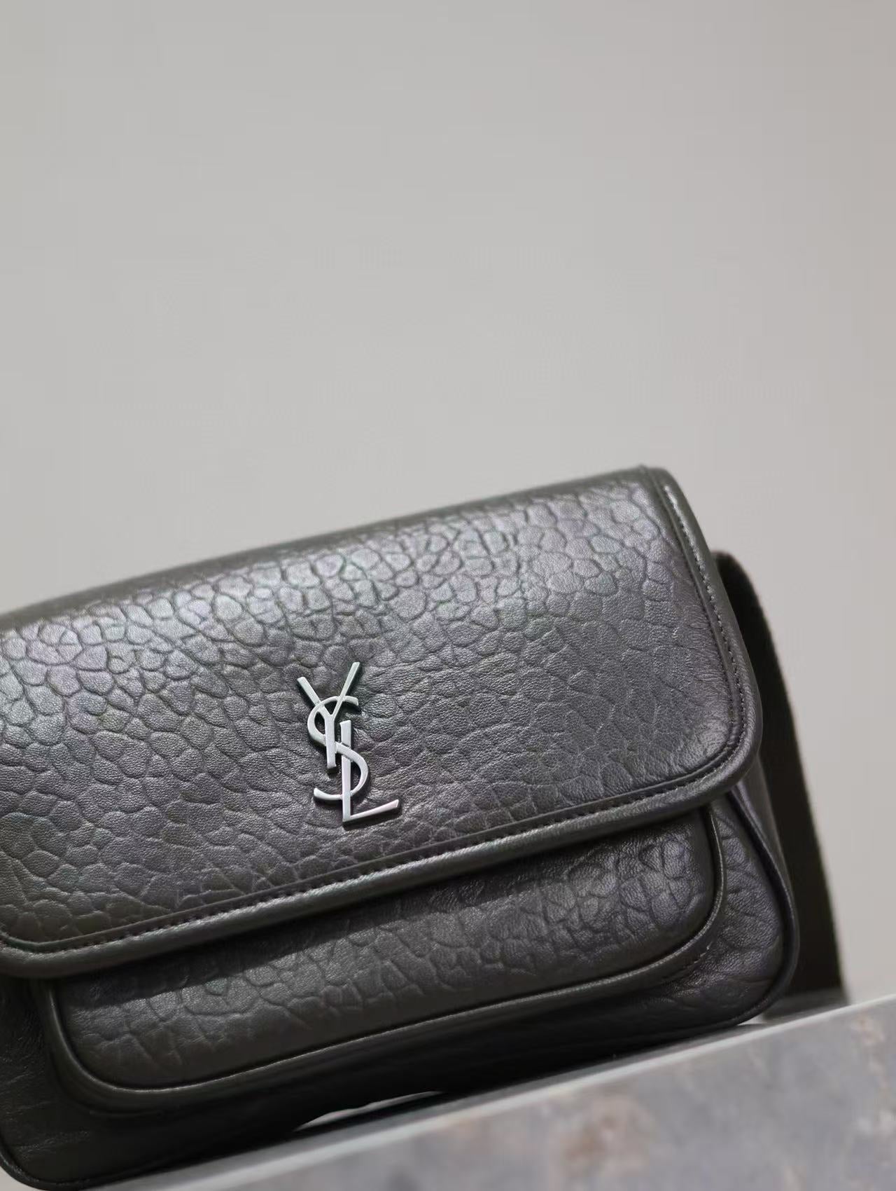 Saint Laurent Niki Logo Plaque Messenger Bag Dark Green Calfskin