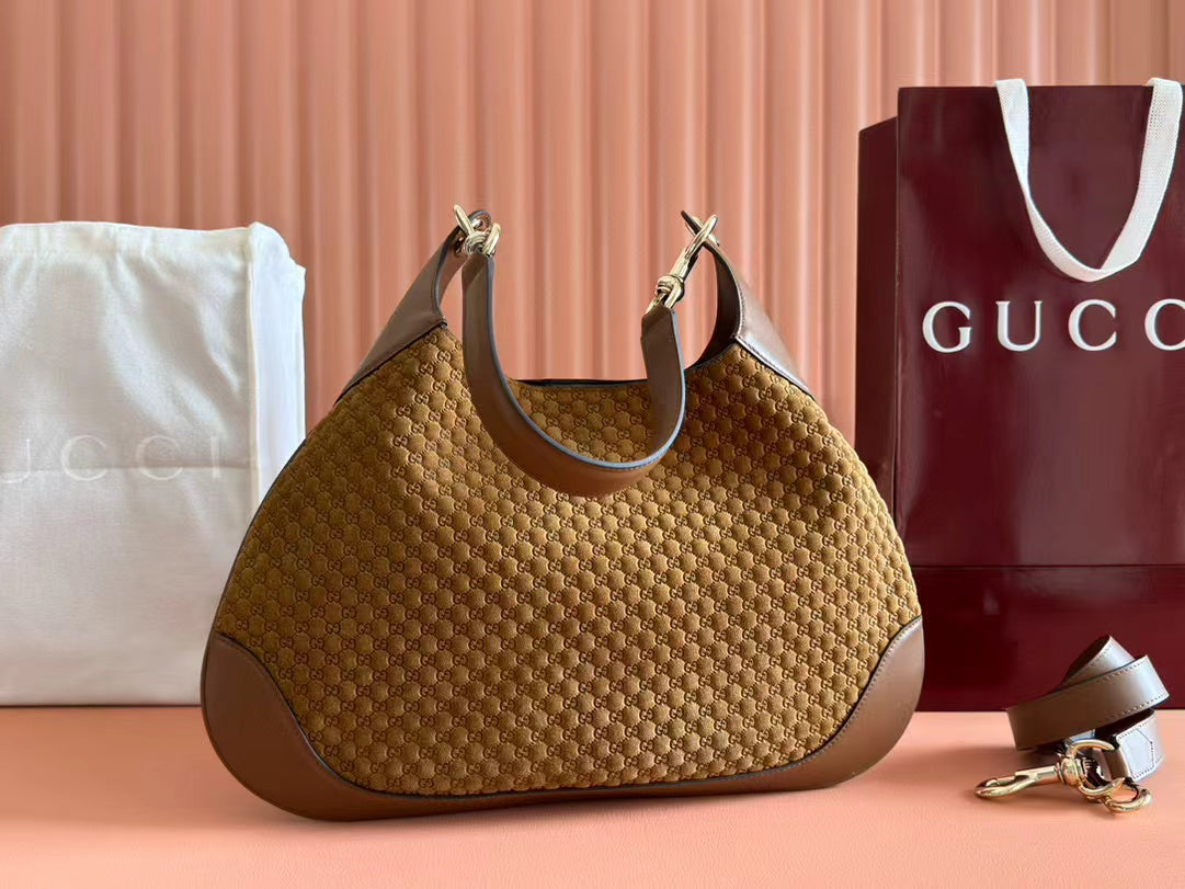 Gucci B Medium Shoulder Bag Brown Suede Leather