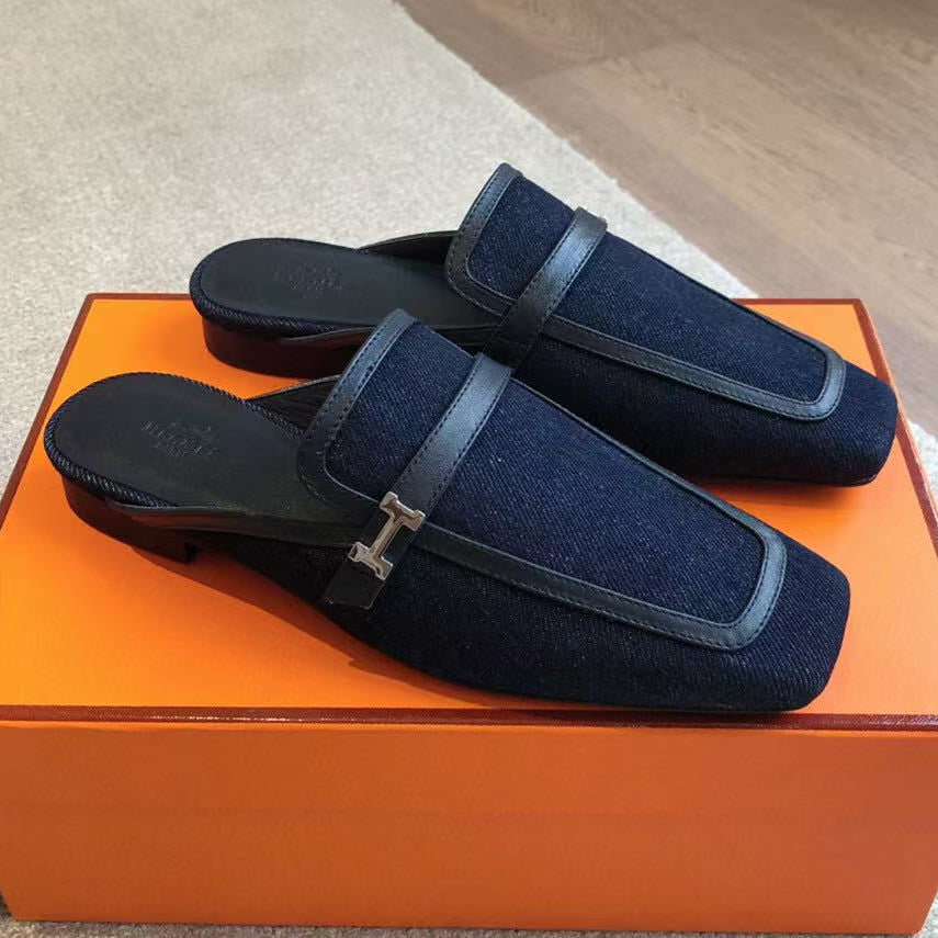 HermÃ¨s Pre-Owned Logo-buckle Loafers Blue Black Denim Leather