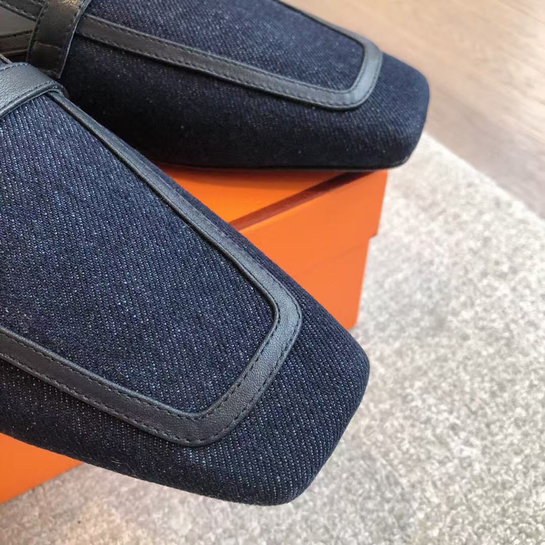 HermÃ¨s Pre-Owned Logo-buckle Loafers Blue Black Denim Leather