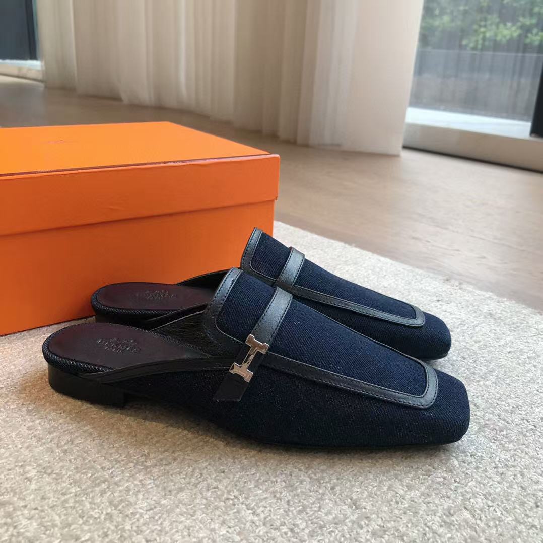 HermÃ¨s Pre-Owned Logo-buckle Loafers Blue Black Denim Leather
