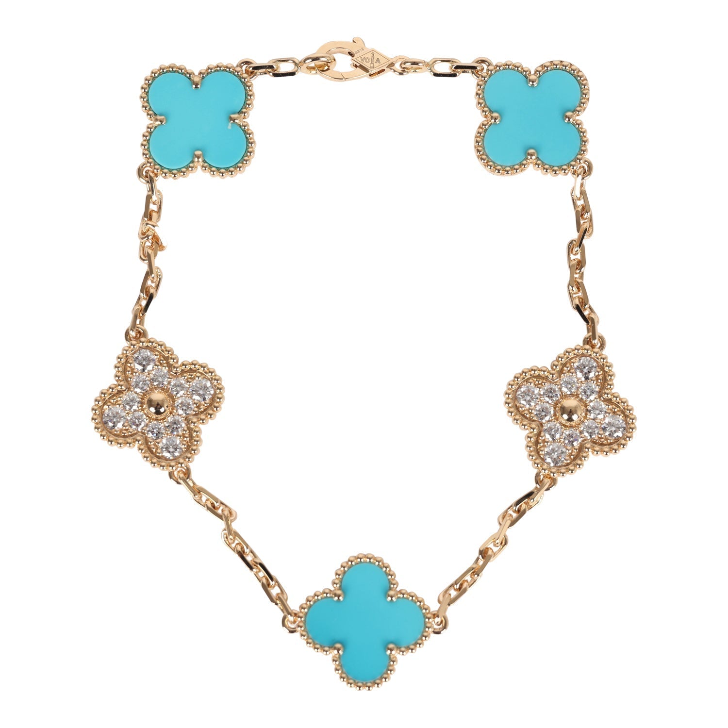Van Cleef & Arpels Vintage Alhambra 5 Motif Bracelet Turquoise Diamonds & 18K Yellow Gold Hardware