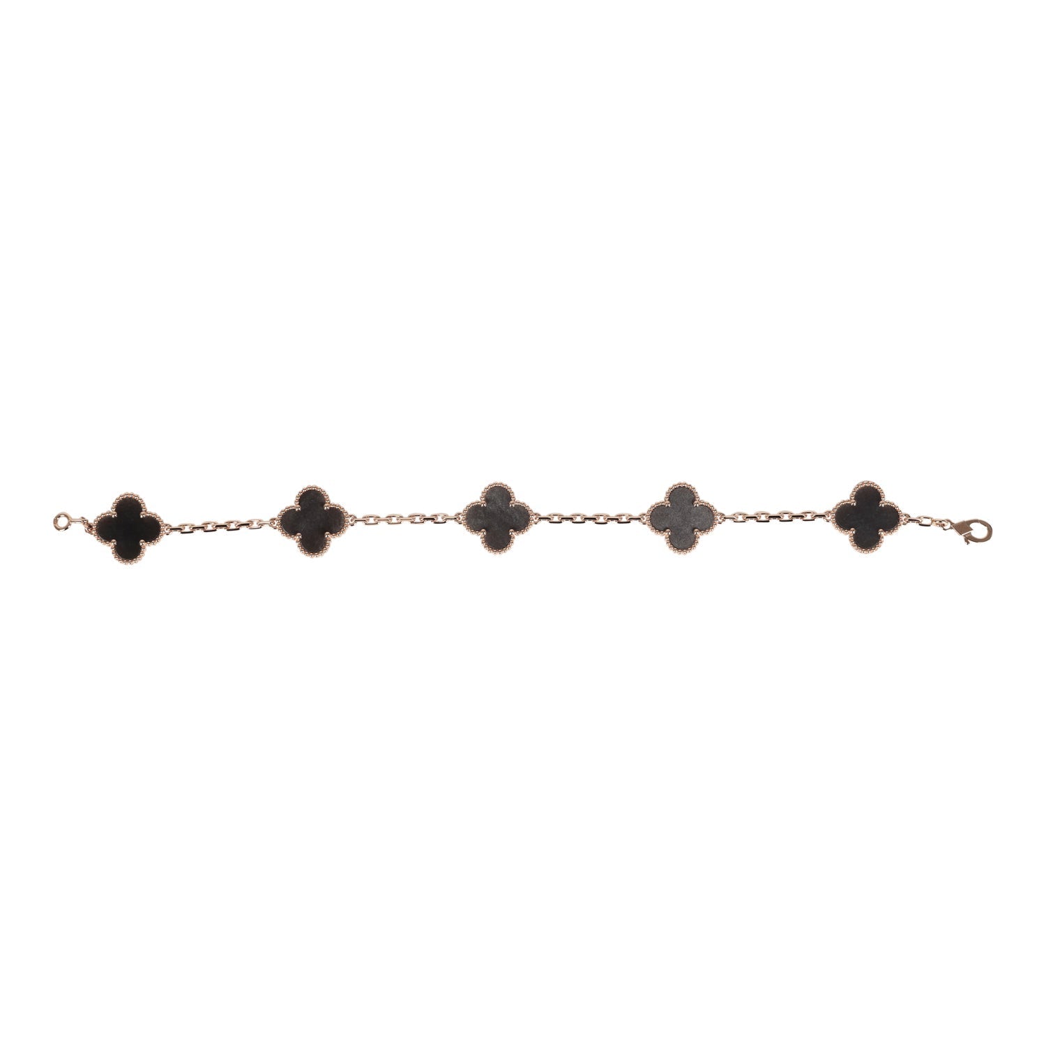 Van Cleef & Arpels Vintage Alhambra 5 Motif Bracelet Silver Obsidian 18K Rose Gold Hardware