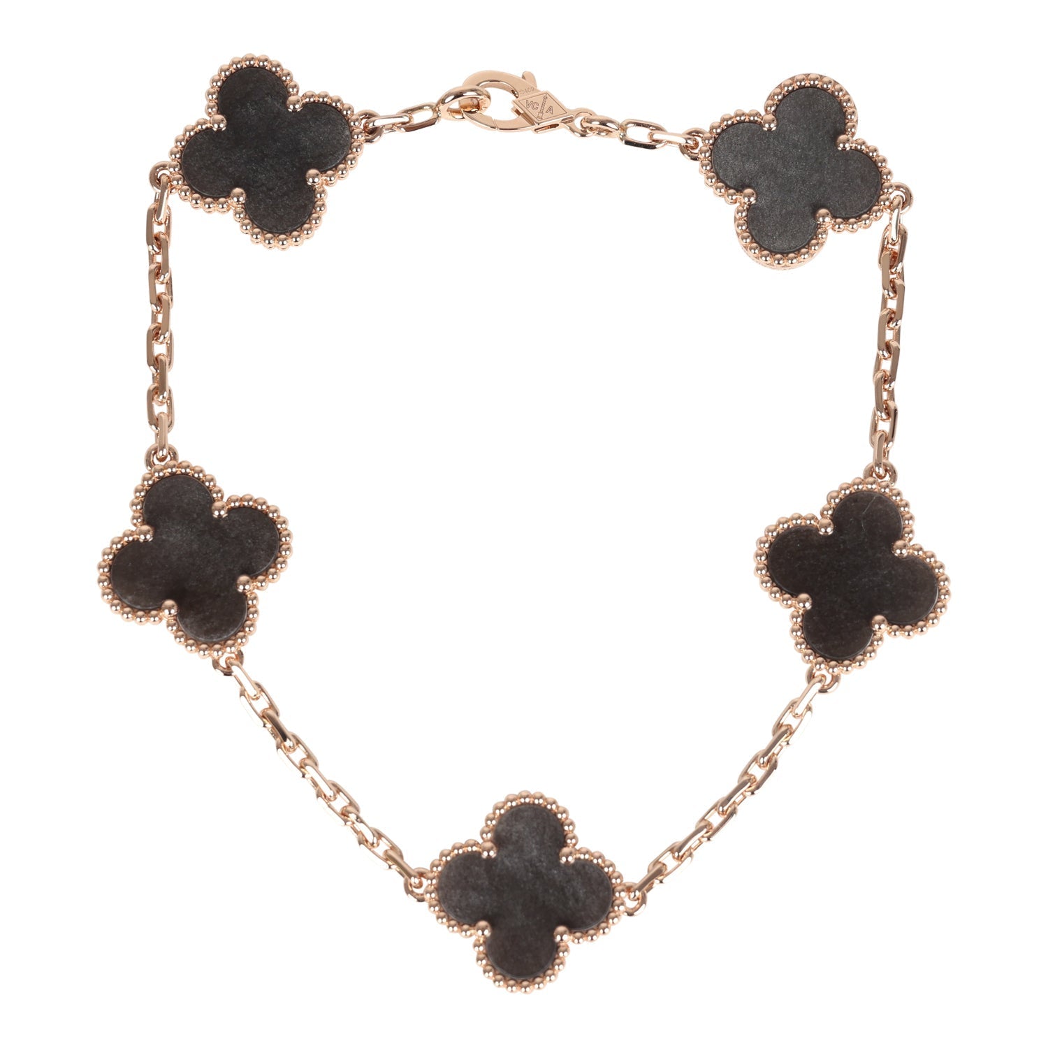 Van Cleef & Arpels Vintage Alhambra 5 Motif Bracelet Silver Obsidian 18K Rose Gold Hardware