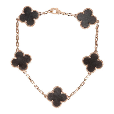 Van Cleef & Arpels Vintage Alhambra 5 Motif Bracelet Silver Obsidian 18K Rose Gold Hardware