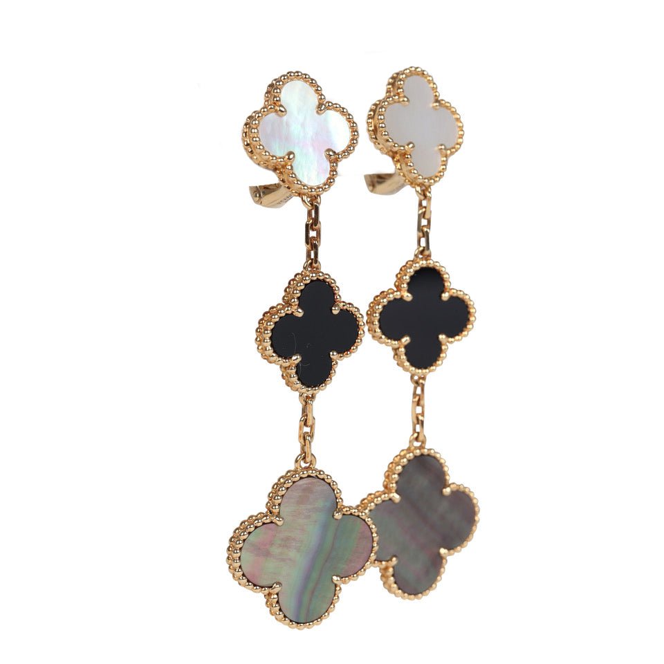 Pre-owned Van Cleef & Arpels Magic Alhambra 3 Motif Earrings Mother of Pearl & Onyx 18K Yellow Gold Hardware