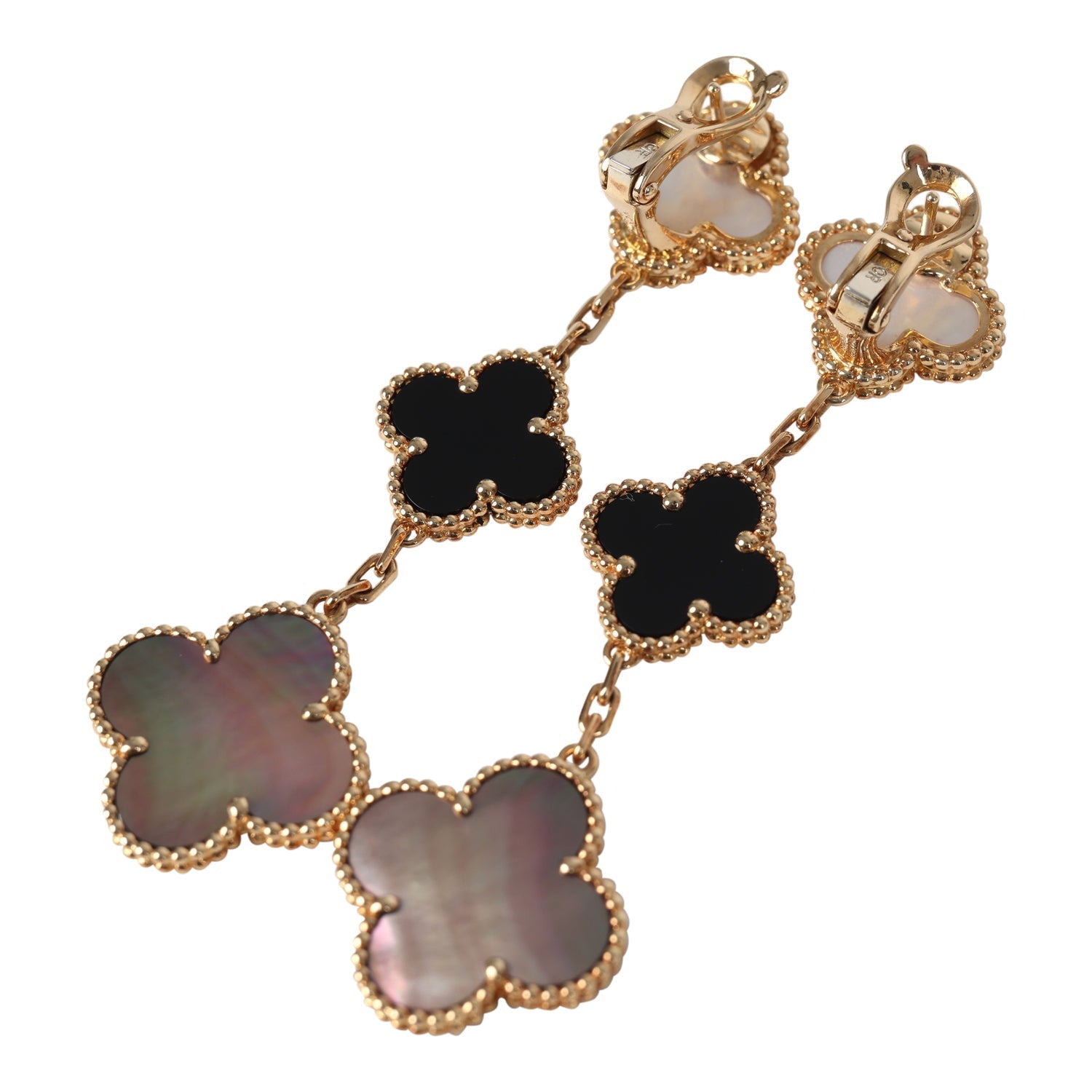 Pre-owned Van Cleef & Arpels Magic Alhambra 3 Motif Earrings Mother of Pearl & Onyx 18K Yellow Gold Hardware