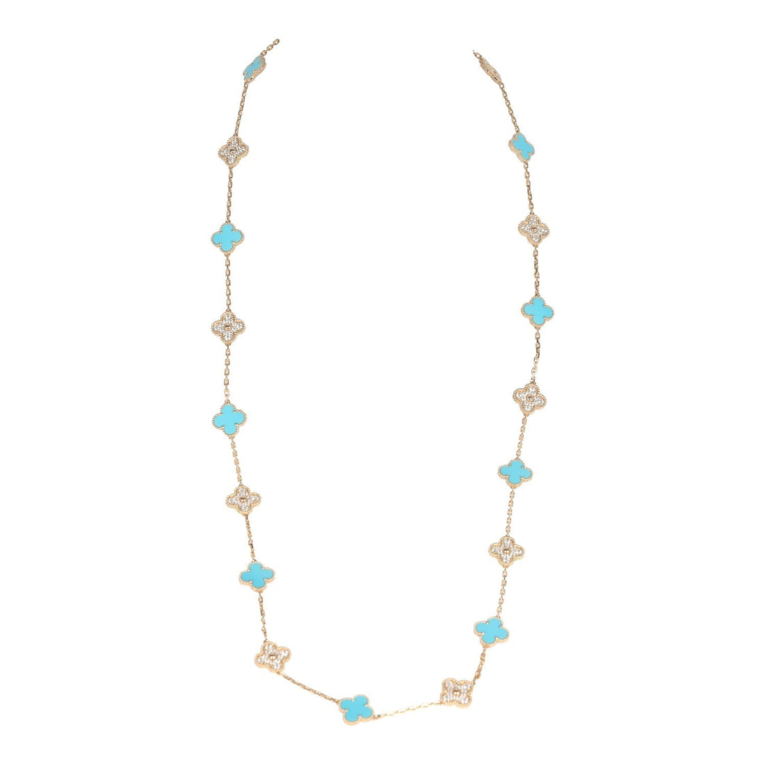 Van Cleef & Arpels Vintage Alhambra 20 Motif Necklace Turquoise Diamonds & Yellow 18K Gold Hardware