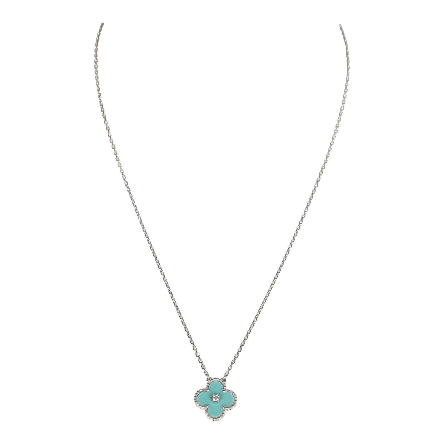 Van Cleef & Arpels 2022 Holiday Vintage Alhambra Pendant Necklace Light Green Celadon Sevres Porcelain Diamonds White Gold Hardware