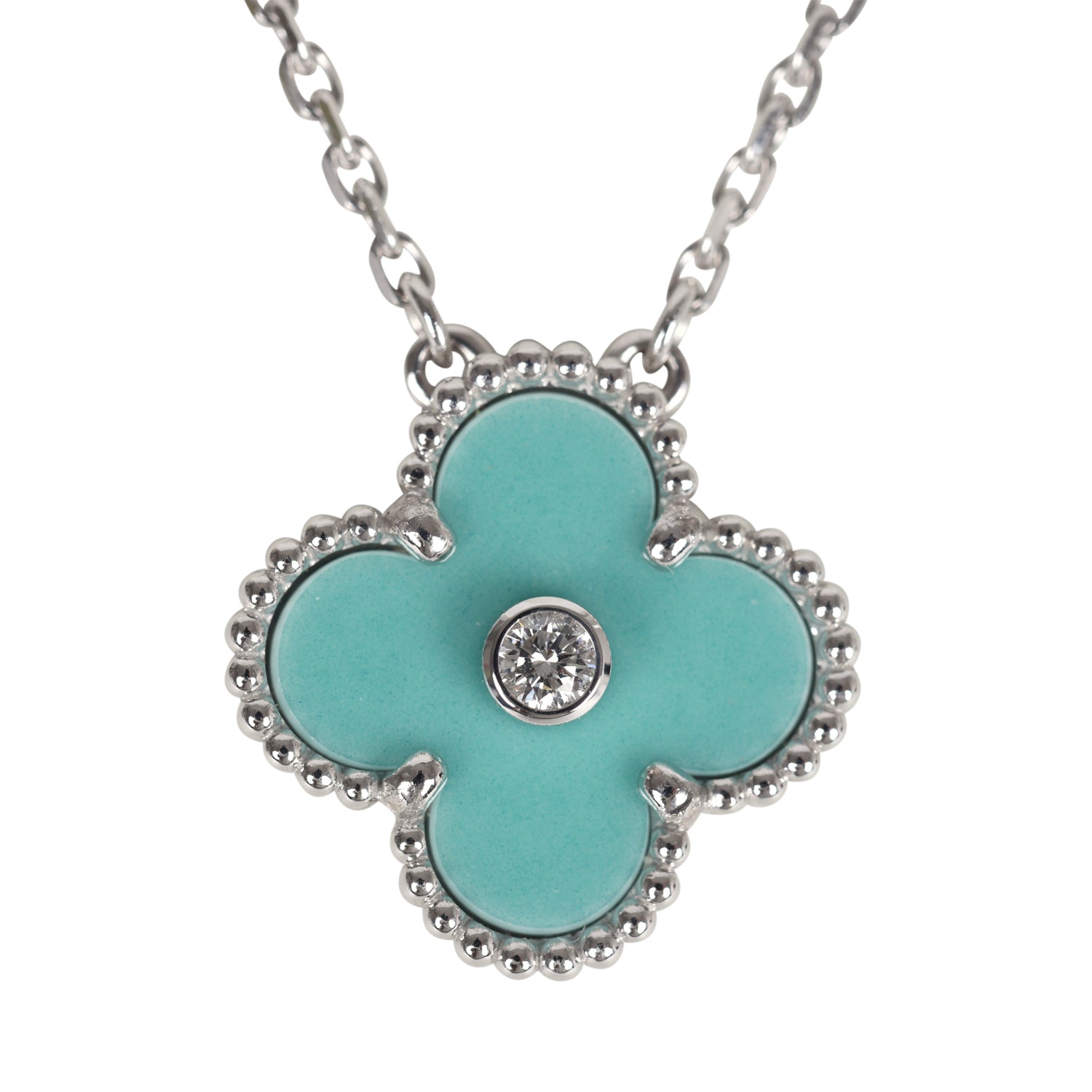 Van Cleef & Arpels 2022 Holiday Vintage Alhambra Pendant Necklace Light Green Celadon Sevres Porcelain Diamonds White Gold Hardware