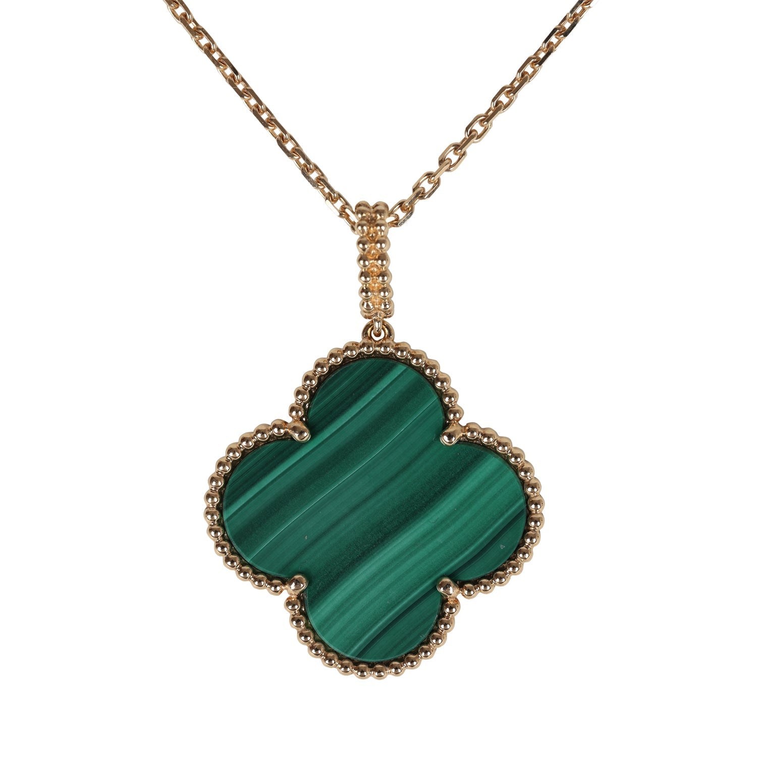 Van Cleef & Arpels Vintage Alhambra Motif Pendant Necklace Malachite 18K Yellow Gold