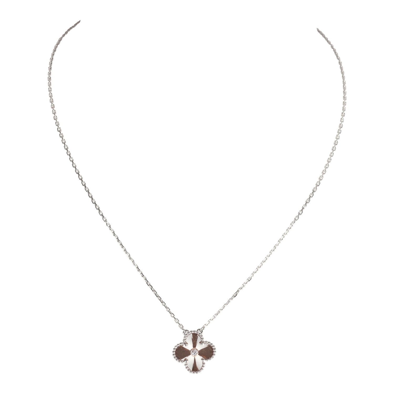 Van Cleef & Arpels 2024 Holiday Vintage Alhambra Pendant Necklace Rose Gold Guilloche 18K White Gold Hardware and Diamonds