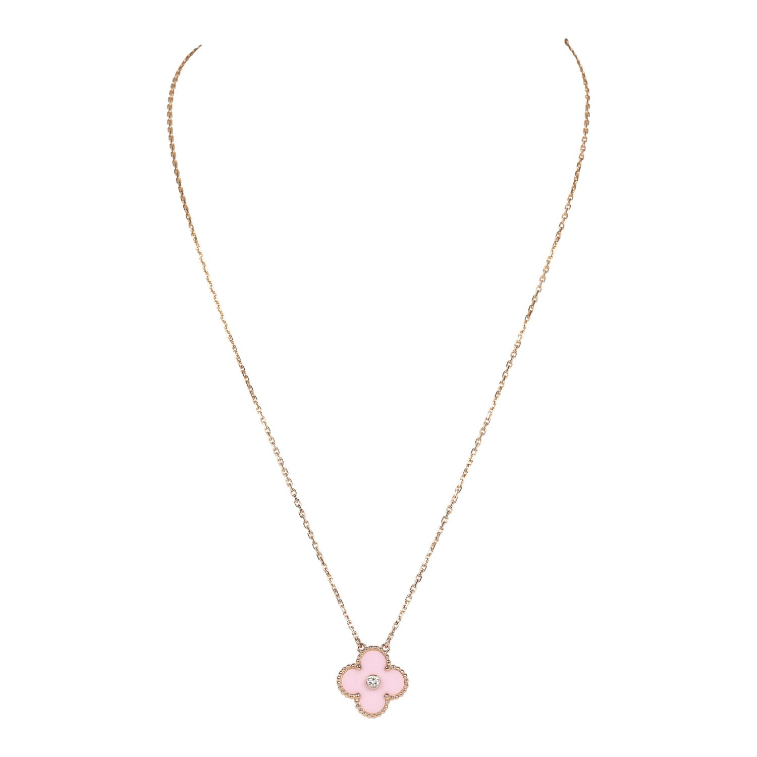 Van Cleef & Arpels 2015 Holiday Vintage Alhambra Pendant Necklace Light Pink Porcelain & Diamonds 18K Rose Gold Hardware