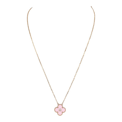 Van Cleef & Arpels 2015 Holiday Vintage Alhambra Pendant Necklace Light Pink Porcelain & Diamonds 18K Rose Gold Hardware