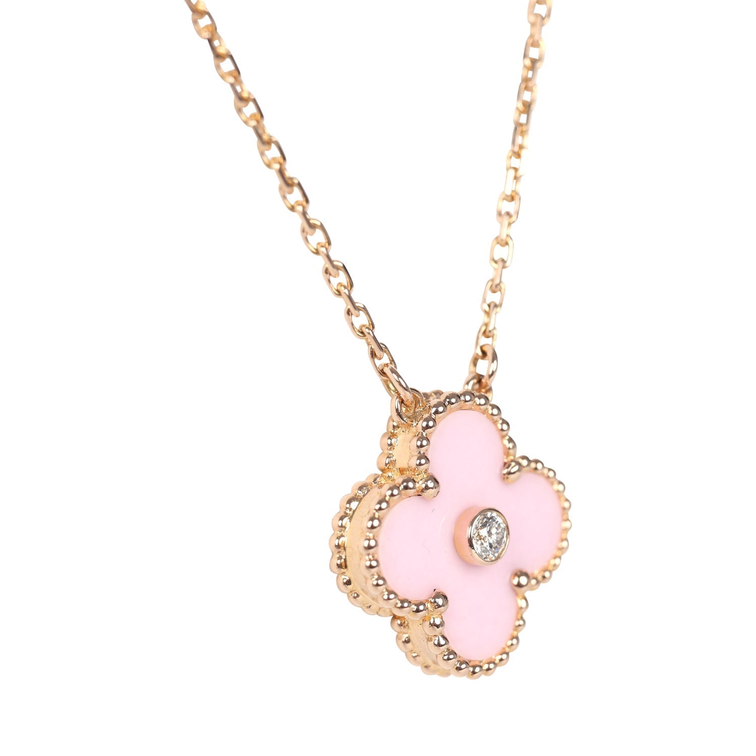 Van Cleef & Arpels 2015 Holiday Vintage Alhambra Pendant Necklace Light Pink Porcelain & Diamonds 18K Rose Gold Hardware