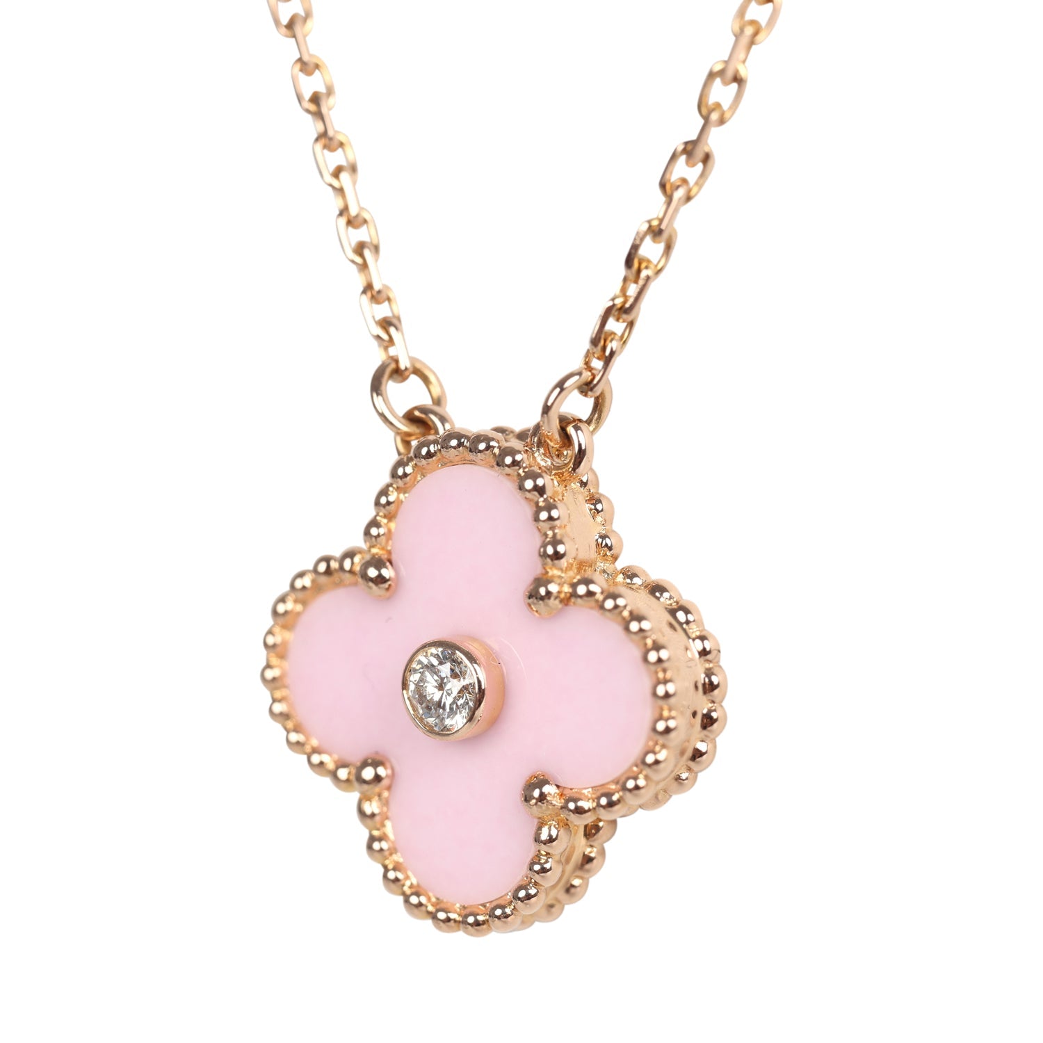 Van Cleef & Arpels 2015 Holiday Vintage Alhambra Pendant Necklace Light Pink Porcelain & Diamonds 18K Rose Gold Hardware