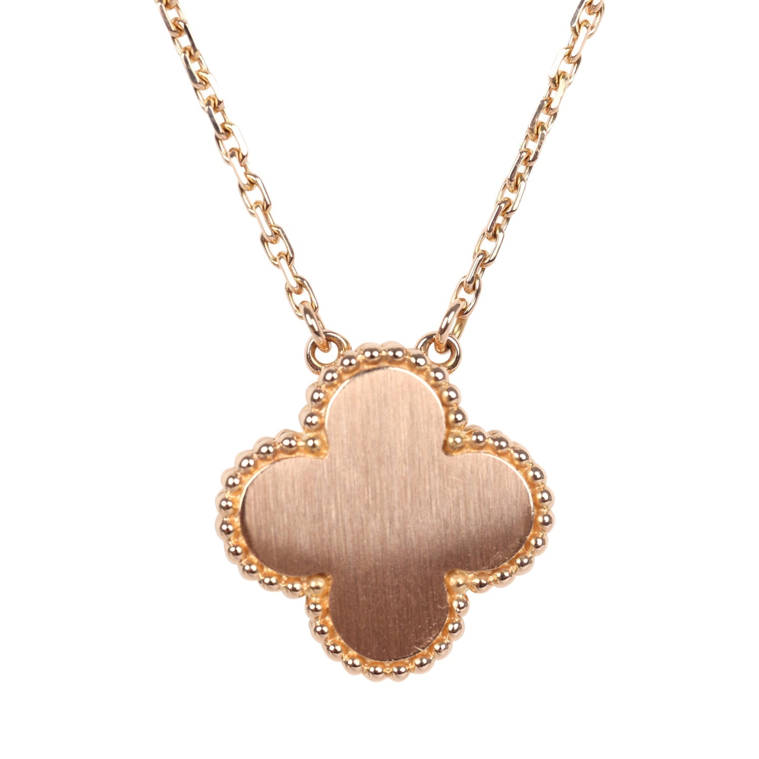 Van Cleef & Arpels 2015 Holiday Vintage Alhambra Pendant Necklace Light Pink Porcelain & Diamonds 18K Rose Gold Hardware
