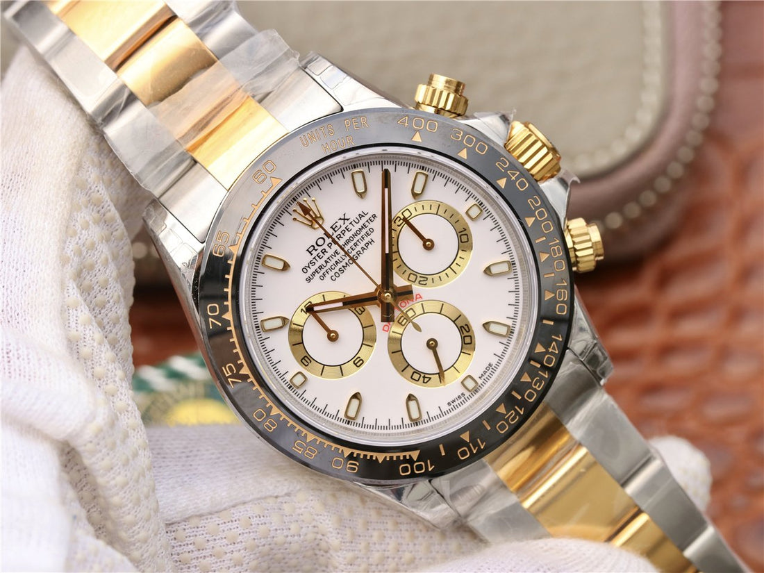 DAYTONA 40MM GOLD STEEL BLACK BEZEL WHITE DIAL