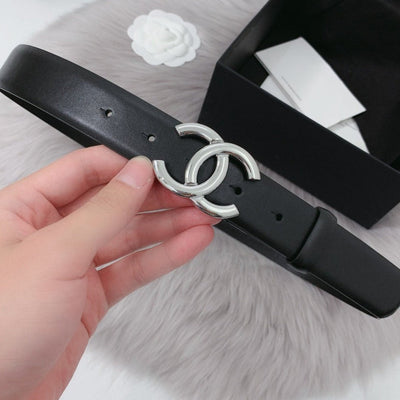 CC WOMEN'S BELT 30MM LEATHER BLACK BUCKLE SILVER CONVEX