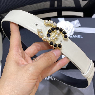 CC BELT 3.0CM LEATHER WHITE BUCKLE GOLD PEARL DIAMOND