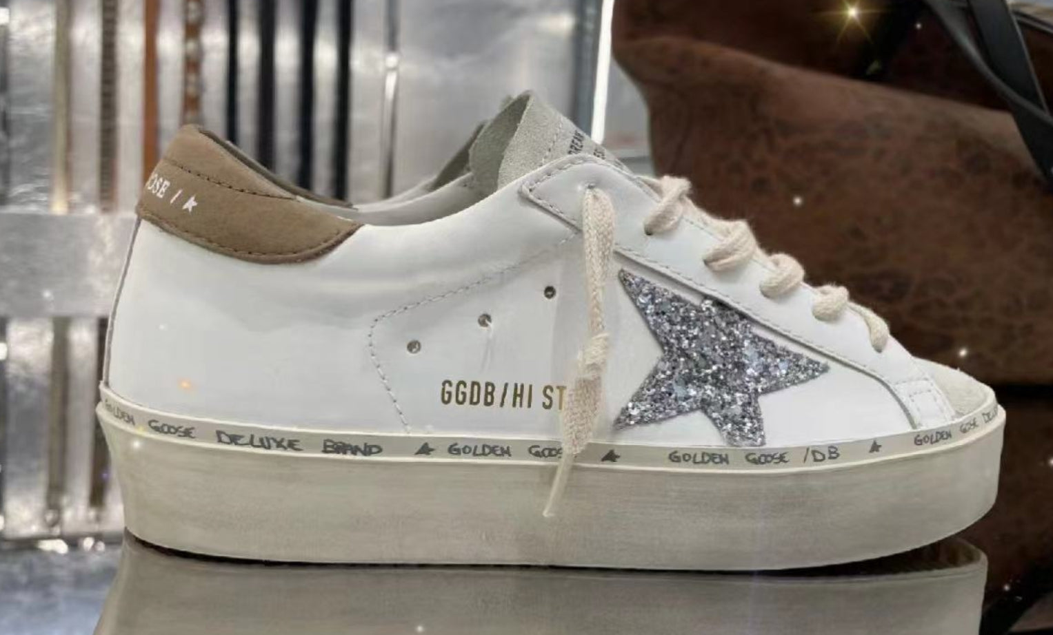 golden goose hi star grey suede silver glitter star
