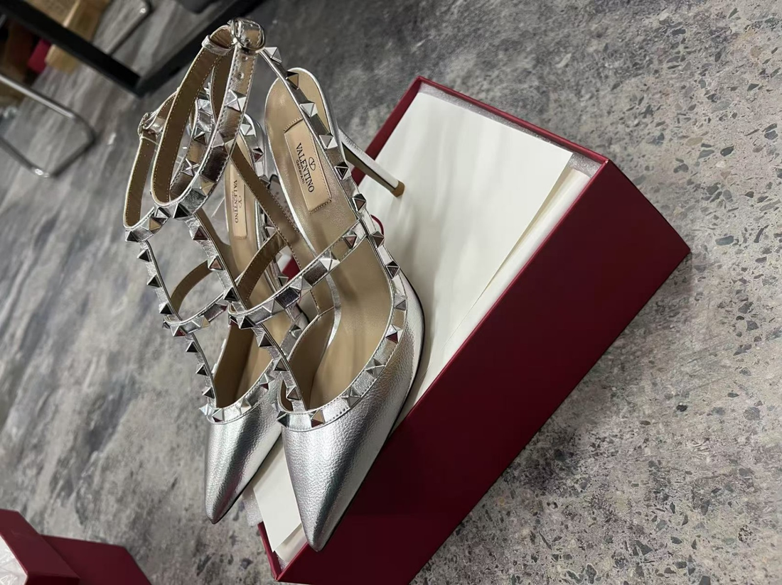 Valentino Rockstud Caged Pumps 95mm Silver Calfskin