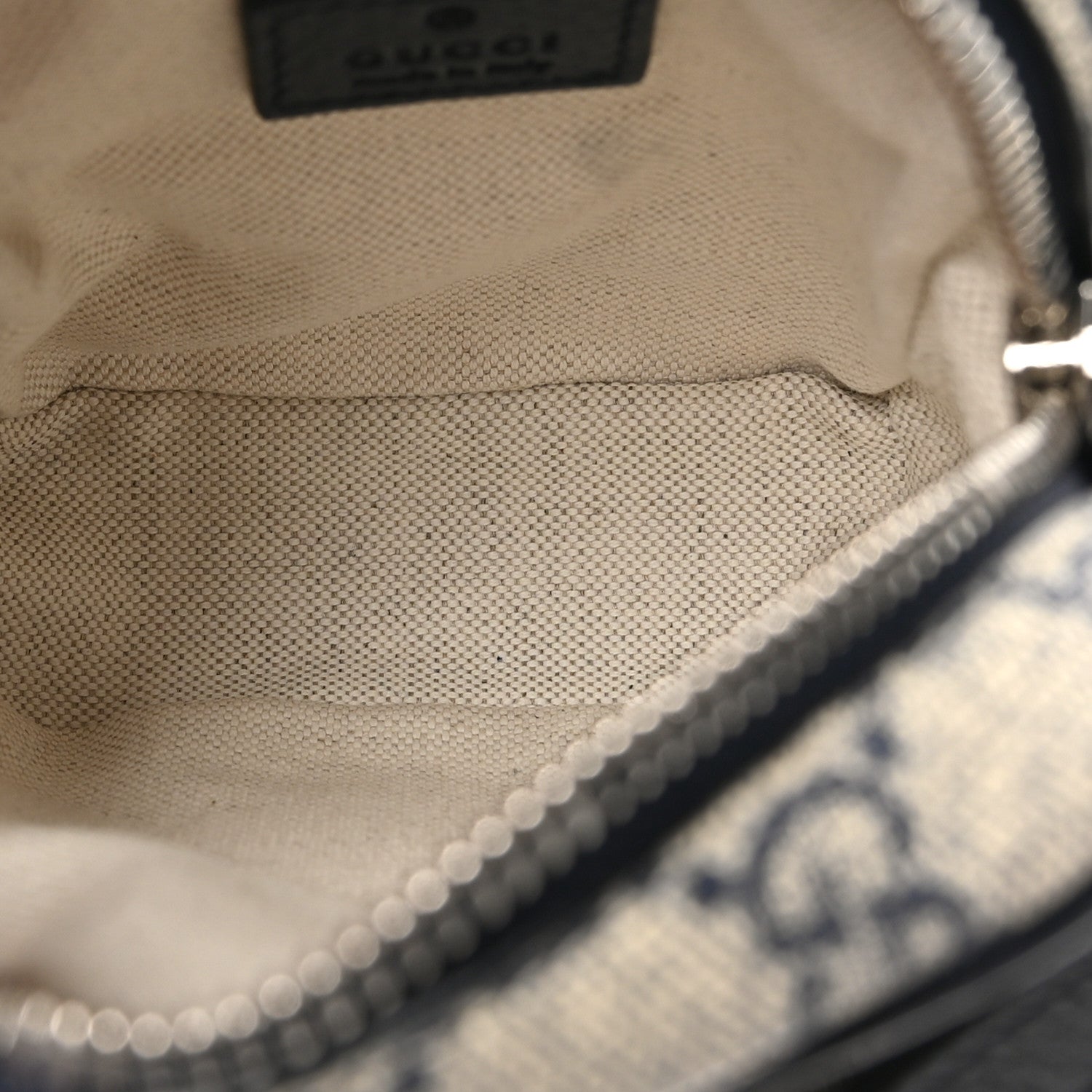 GG Supreme Monogram Textured Dollar Calfskin Web Mini Ophidia Double Zip Messenger Bag Beige Blue