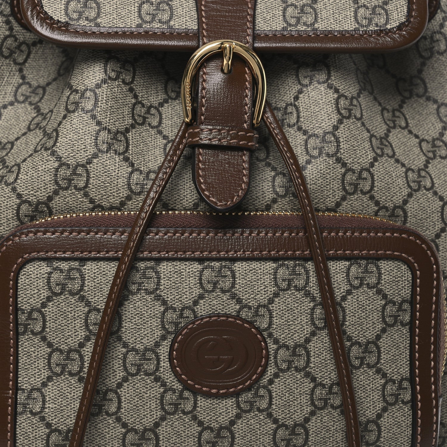 GG Supreme Monogram Azalea Calfskin Retro Interlocking G Buckle Backpack Beige Ebony Brown Sugar