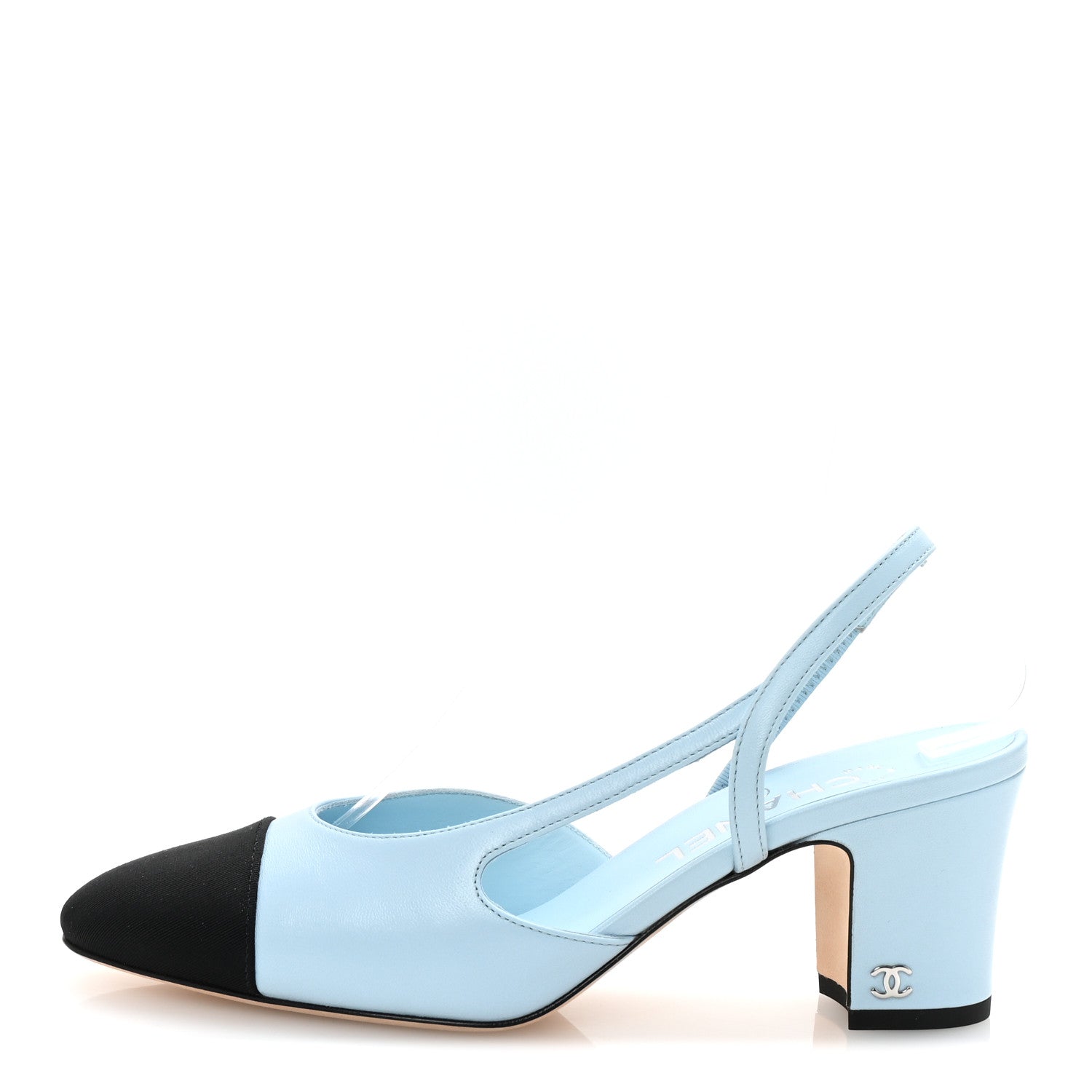 Lambskin Grosgrain Cap Toe CC Slingback Pumps 38 Light Blue Black